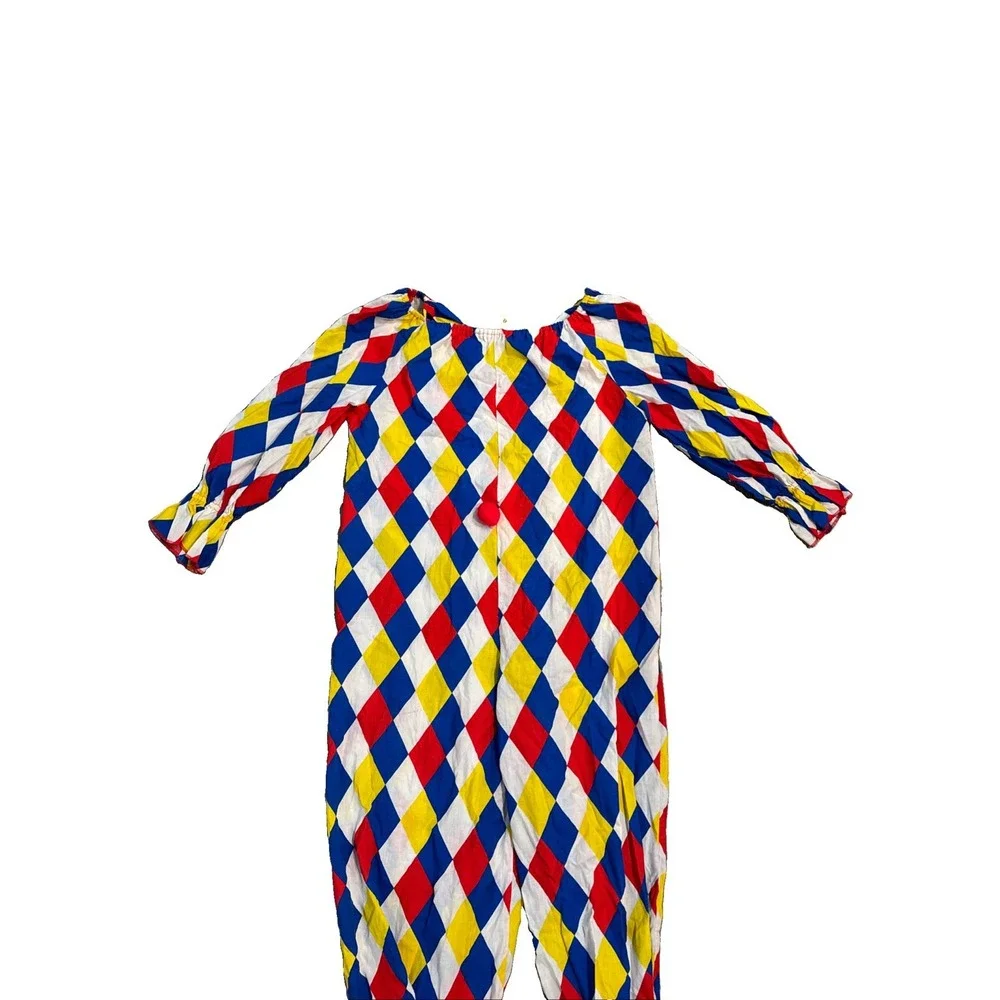 Vintage Hand Sewn Clown Costume One Piece Adult Multicolor Striped Pom